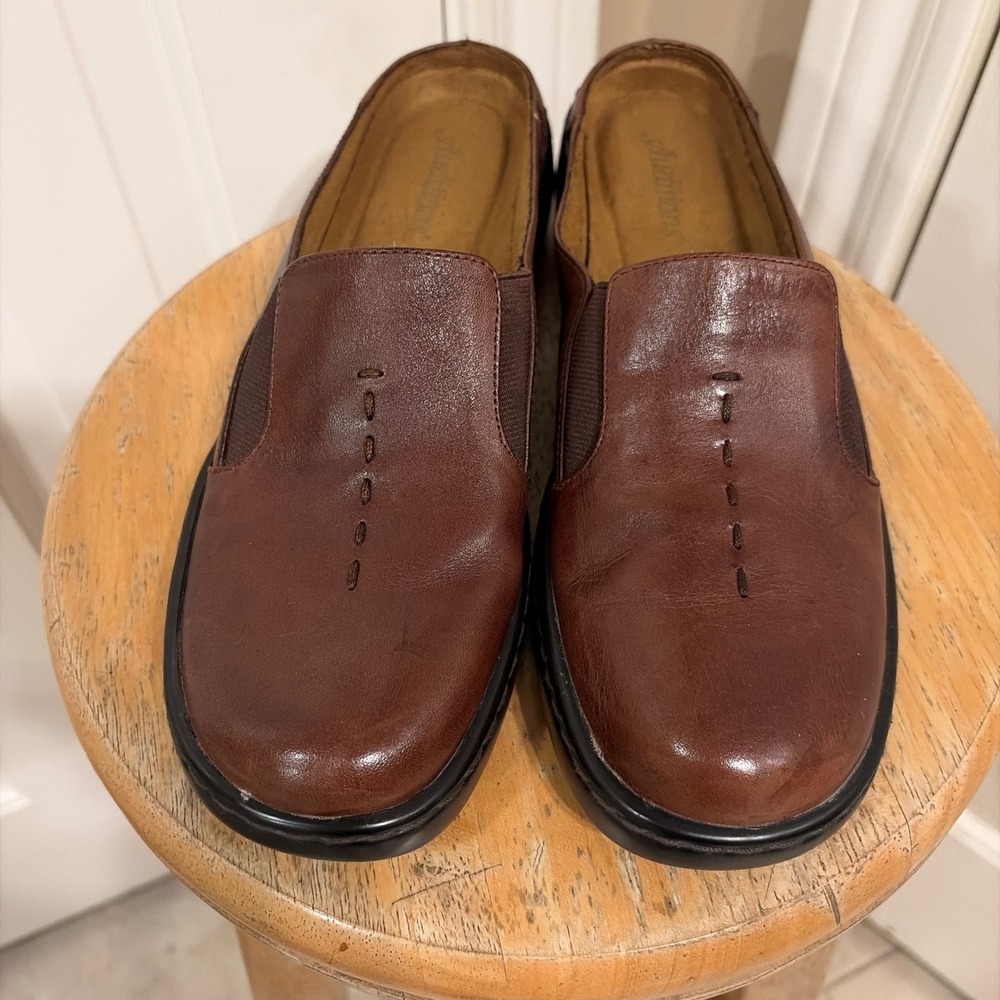 Auditions Womens Slim Fit Leather Mule Slip On Brown 8.5S Low Wedge Comfort